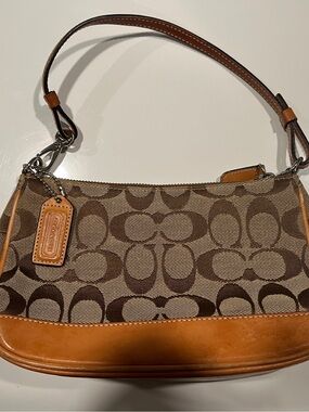 Coach Brown Signature Canvas Shoulder Bag with Tan Leather Trim